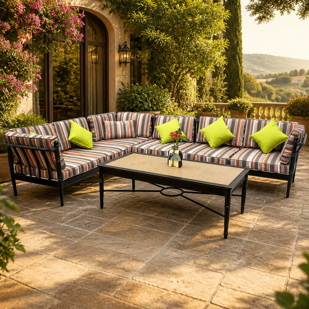 RDO cast aluminum 5-seater corner sofa set with cushions and rectangular table